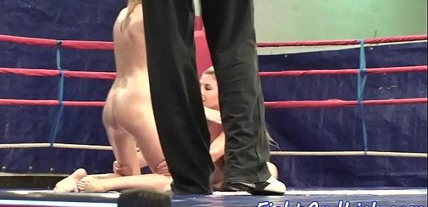  Oiledup lesbo babes wrestling in boxing ring